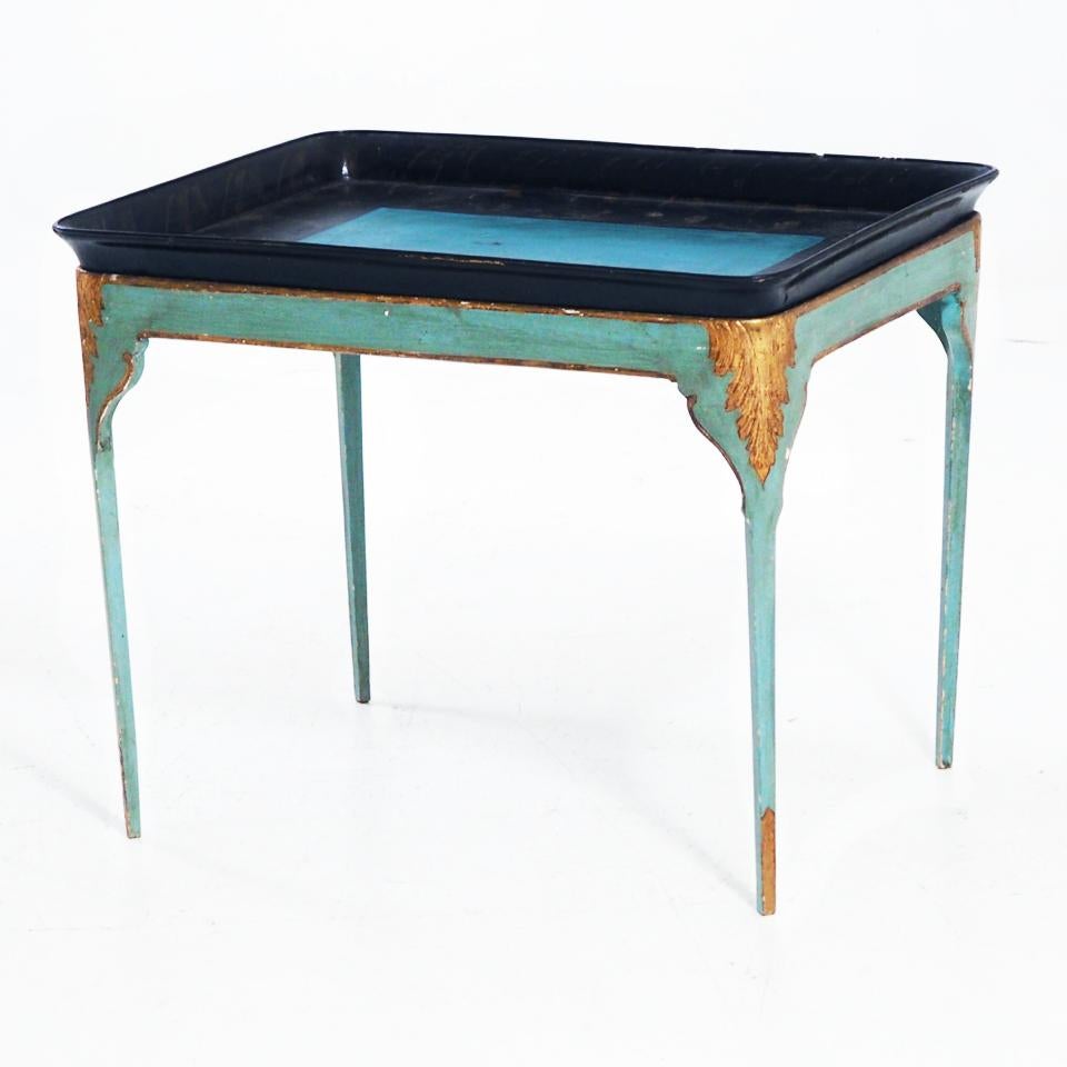 Hand-Carved 19th Century Turquoise Swedish Gustavian Tray Table - Antique Pine Side Table For Sale
