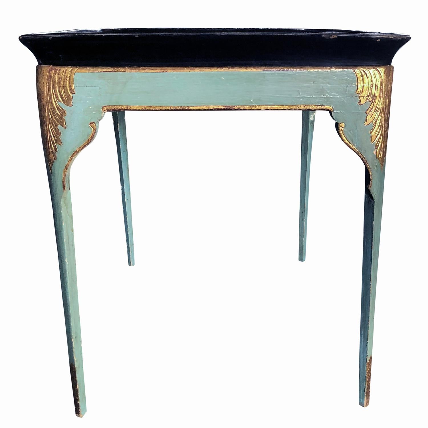 Gustavien Table à plateau gustavienne suédoise turquoise du 19ème siècle - Table d'appoint ancienne en pin en vente