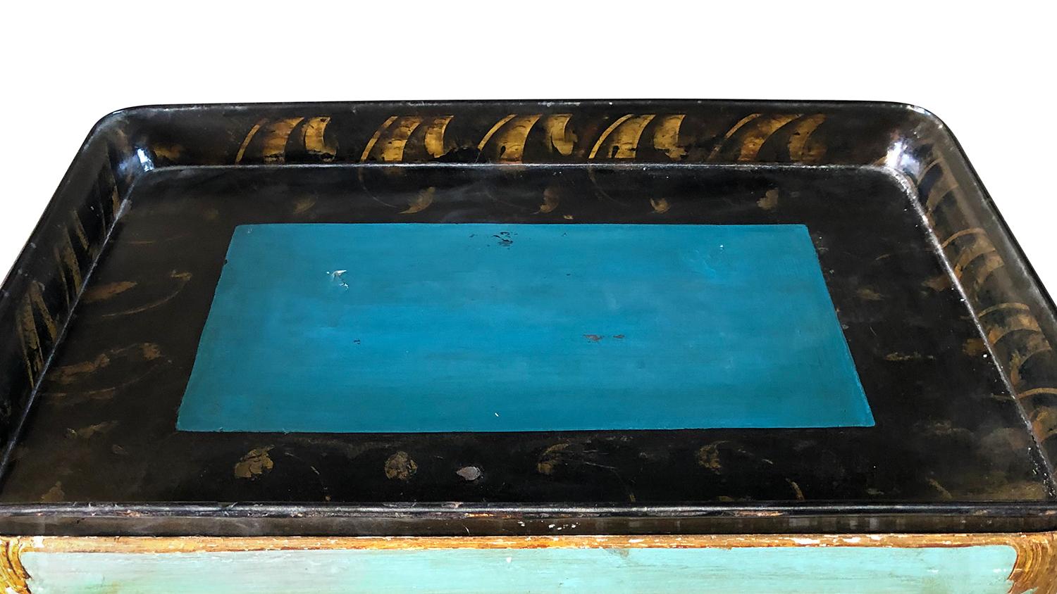 19th Century Turquoise Swedish Gustavian Tray Table - Antique Pine Side Table For Sale 1
