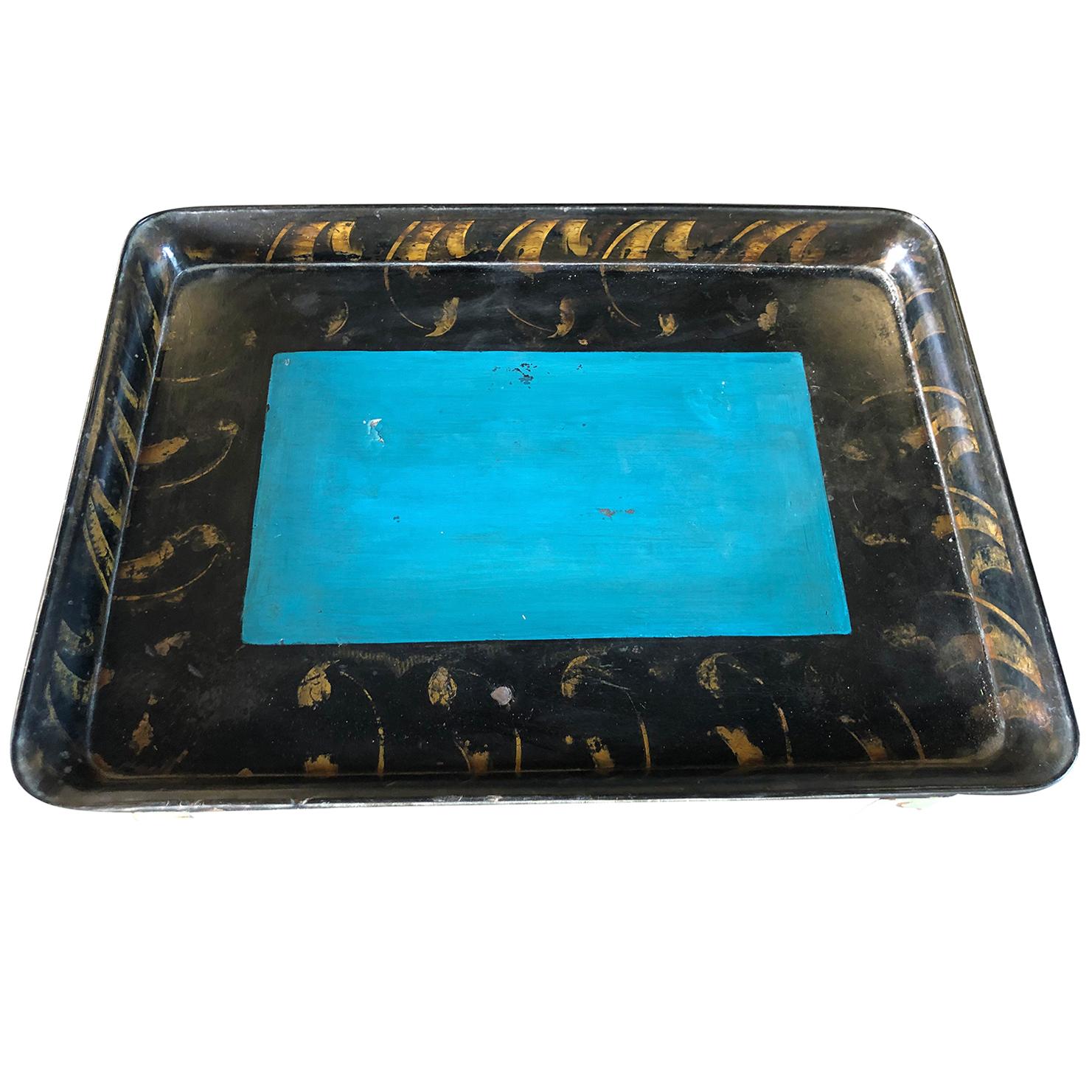 Bois Table à plateau gustavienne suédoise turquoise du 19ème siècle - Table d'appoint ancienne en pin en vente