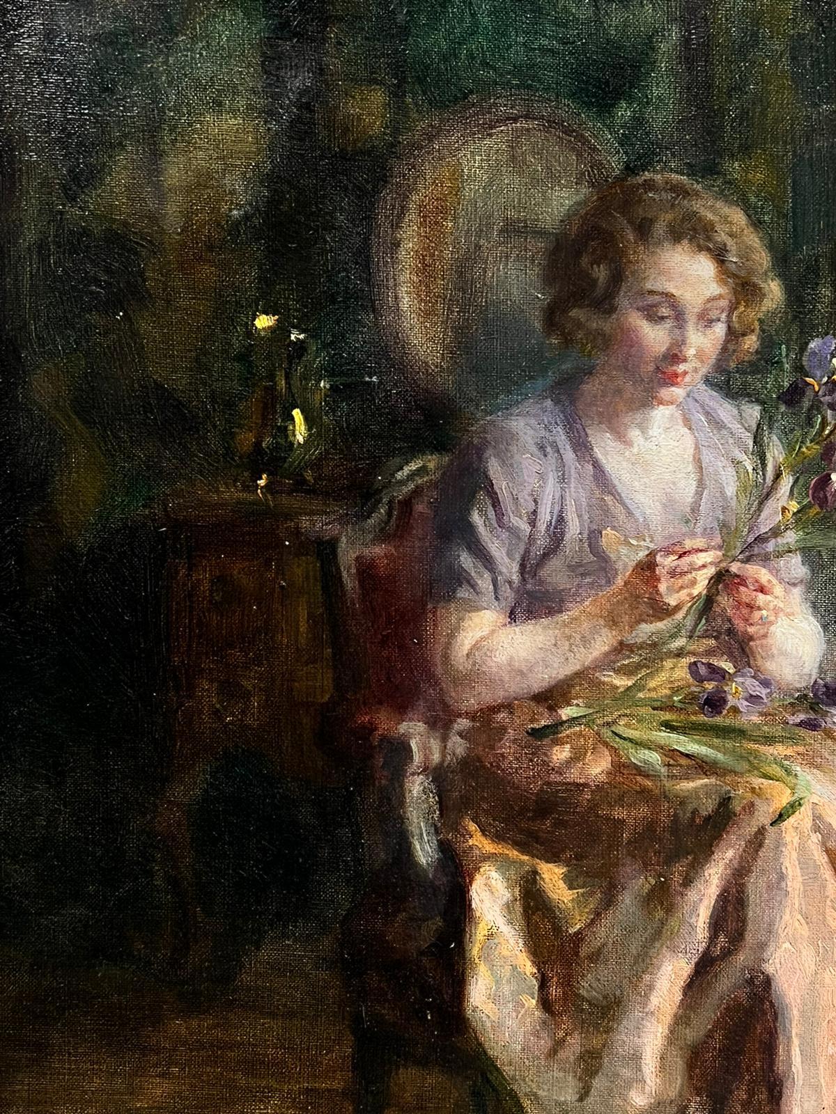 Antique French Signed Oil Interior Scene Lady Seated Flower Arranging by Window (Scena d'interno di una signora seduta che sistema i fiori davanti a una finestra) - Painting di 19th Century School