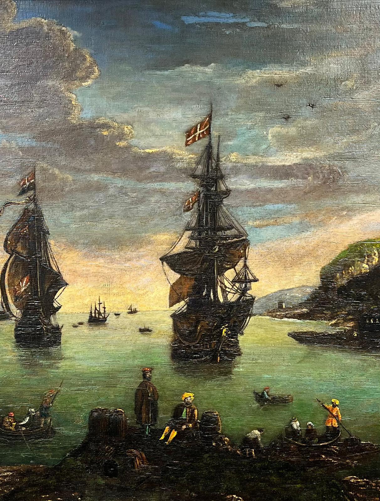 Immense peinture à l'huile ancienne européenne Marchands et navires dans un ancien port commercial - Painting de 19th Century School