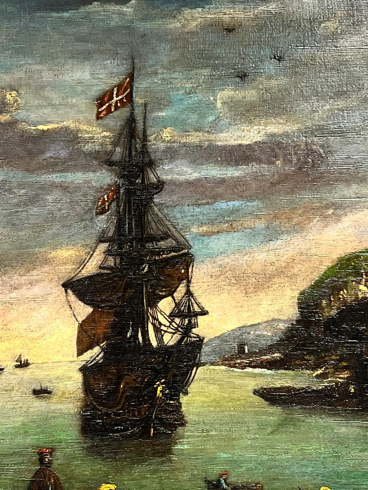Immense peinture à l'huile ancienne européenne Marchands et navires dans un ancien port commercial - Victorien Painting par 19th Century School
