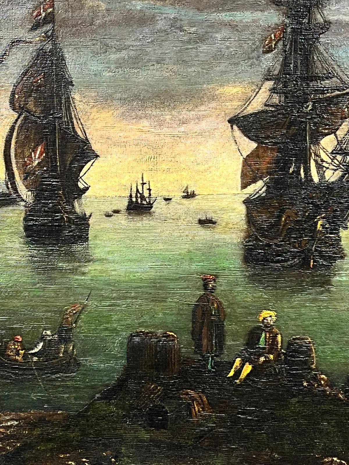 Huge European Antique Oil Painting Merchants & Ships in Ancient Trading Port For Sale 2