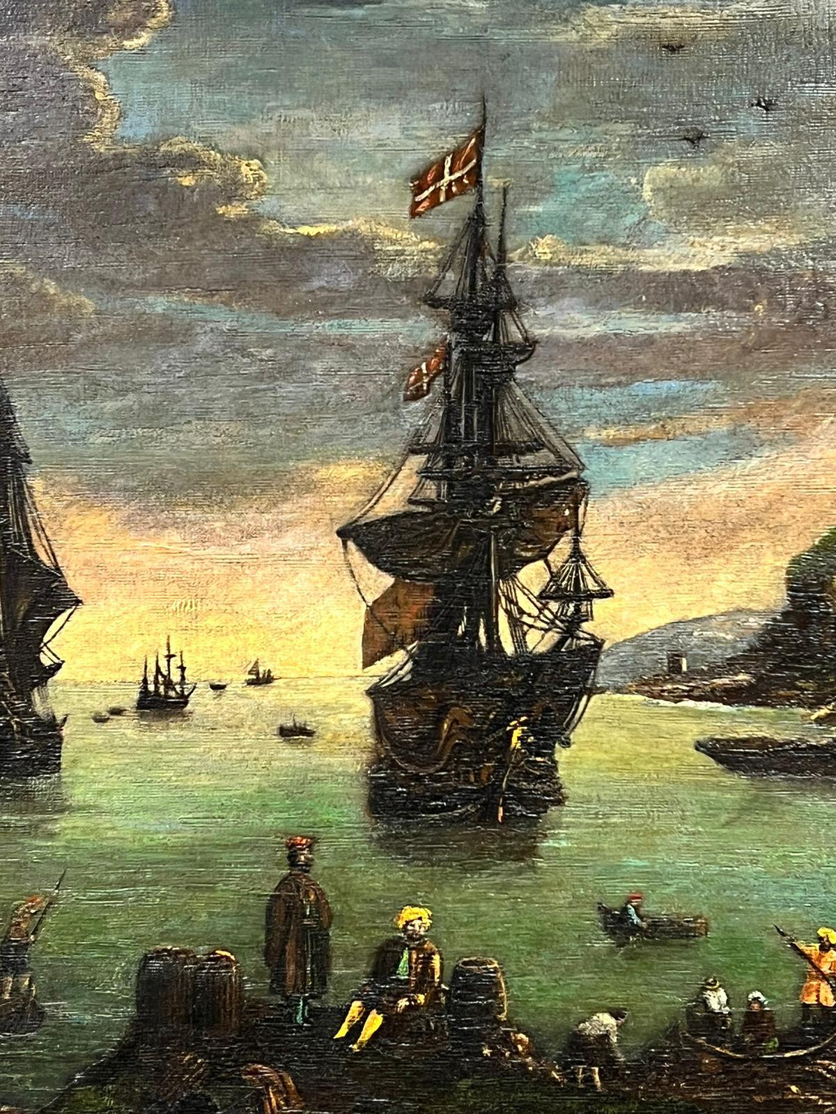 Immense peinture à l'huile ancienne européenne Marchands et navires dans un ancien port commercial en vente 1