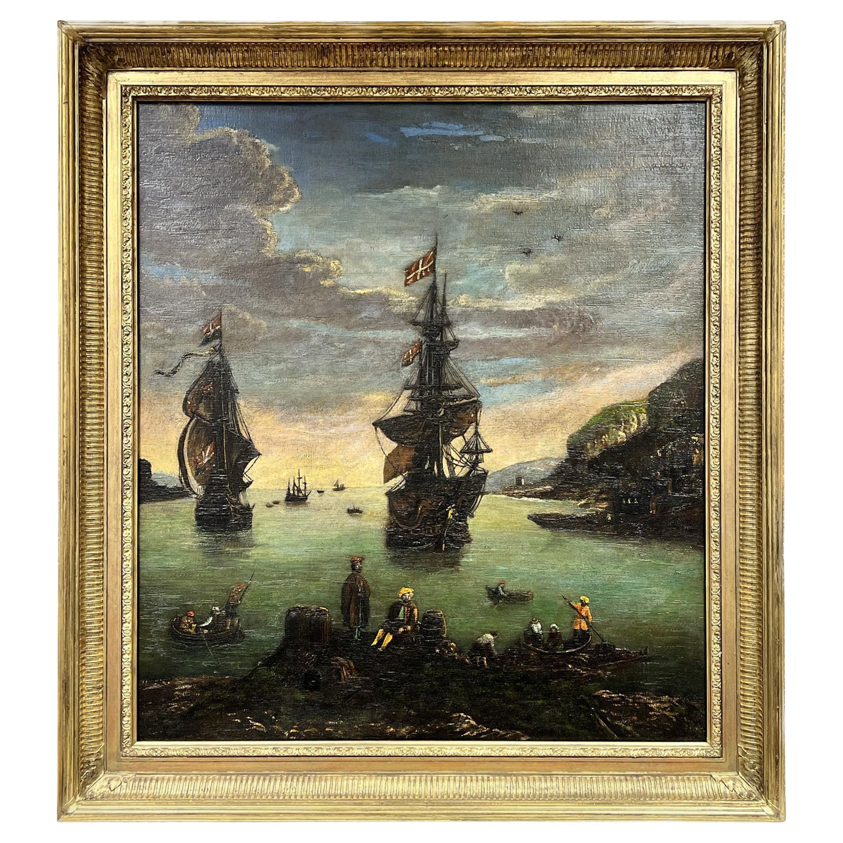 Immense peinture à l'huile ancienne européenne Marchands et navires dans un ancien port commercial