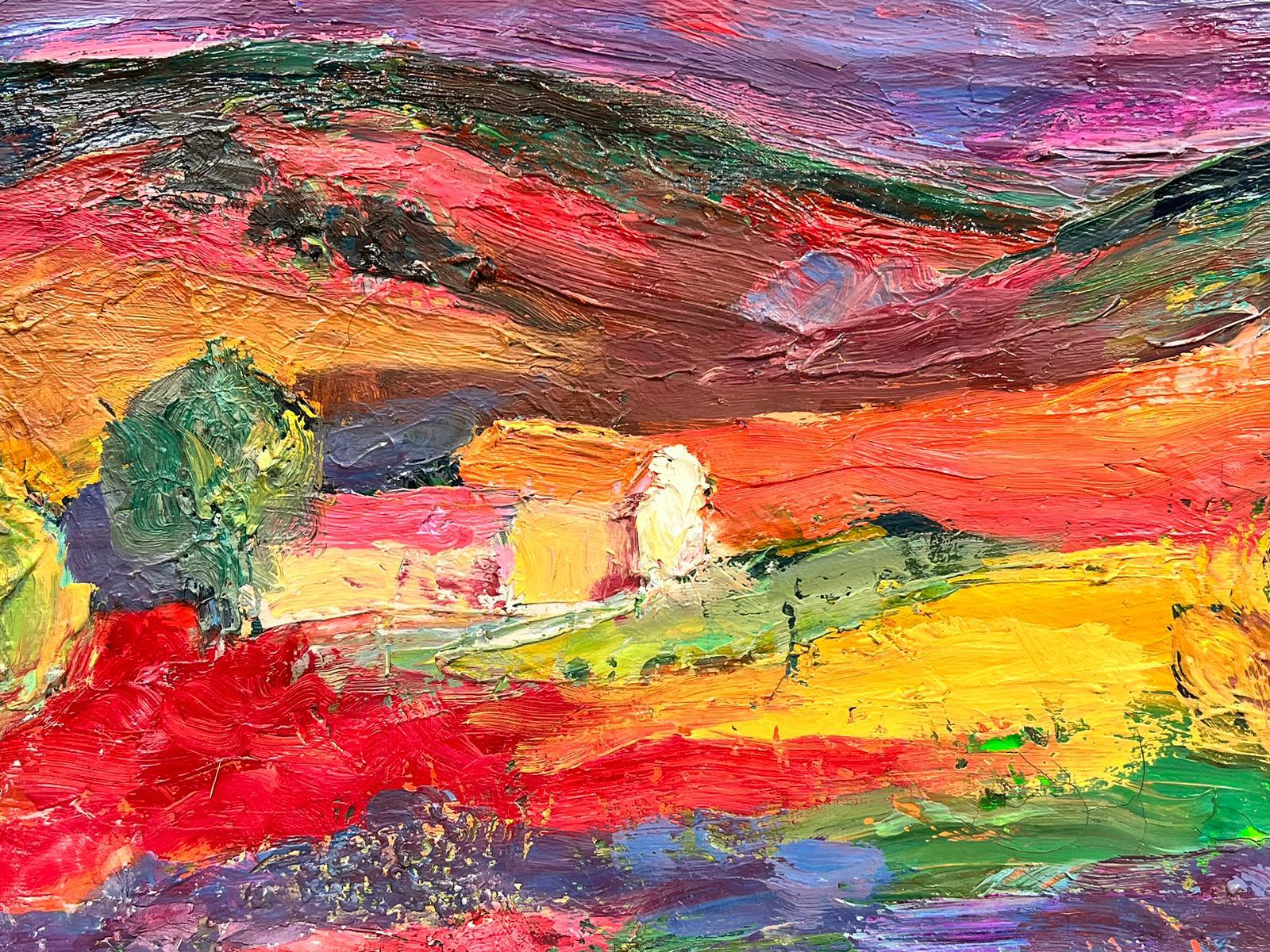 French Expressionist artist, circa 1950's
Provencal landscape with dramatic almost Fauve like colors, including purple, gold, yellow and reds. 
oil on canvas, unframed
canvas: 11.5 x 14 inches
the painting is in overall very good and sound