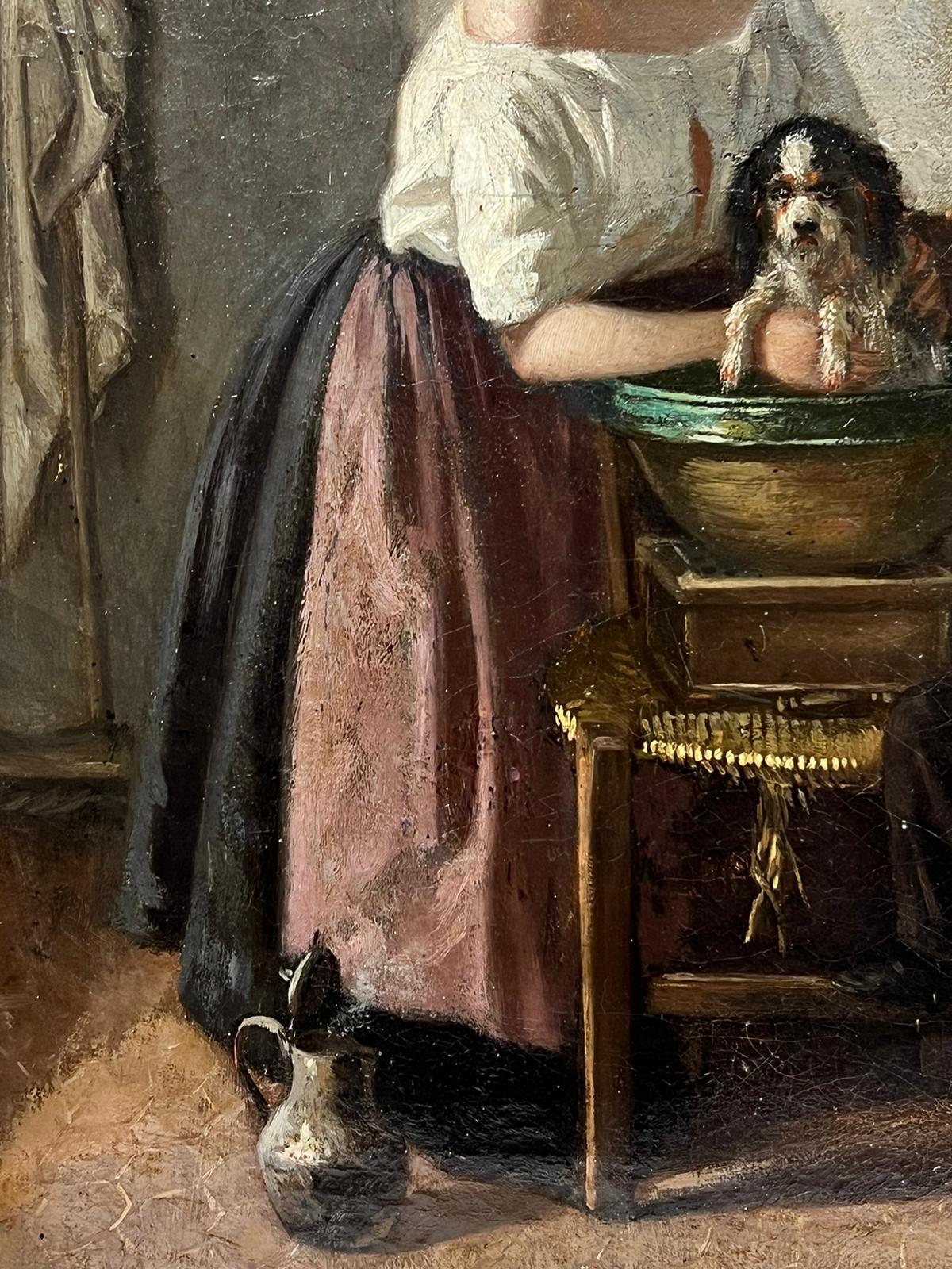 Madre e Hijo Lavando al Perro en el Cuenco de la Cocina, Pintura al Óleo Antique French sobre Lienzo - Painting Victoriano de 19th Century School