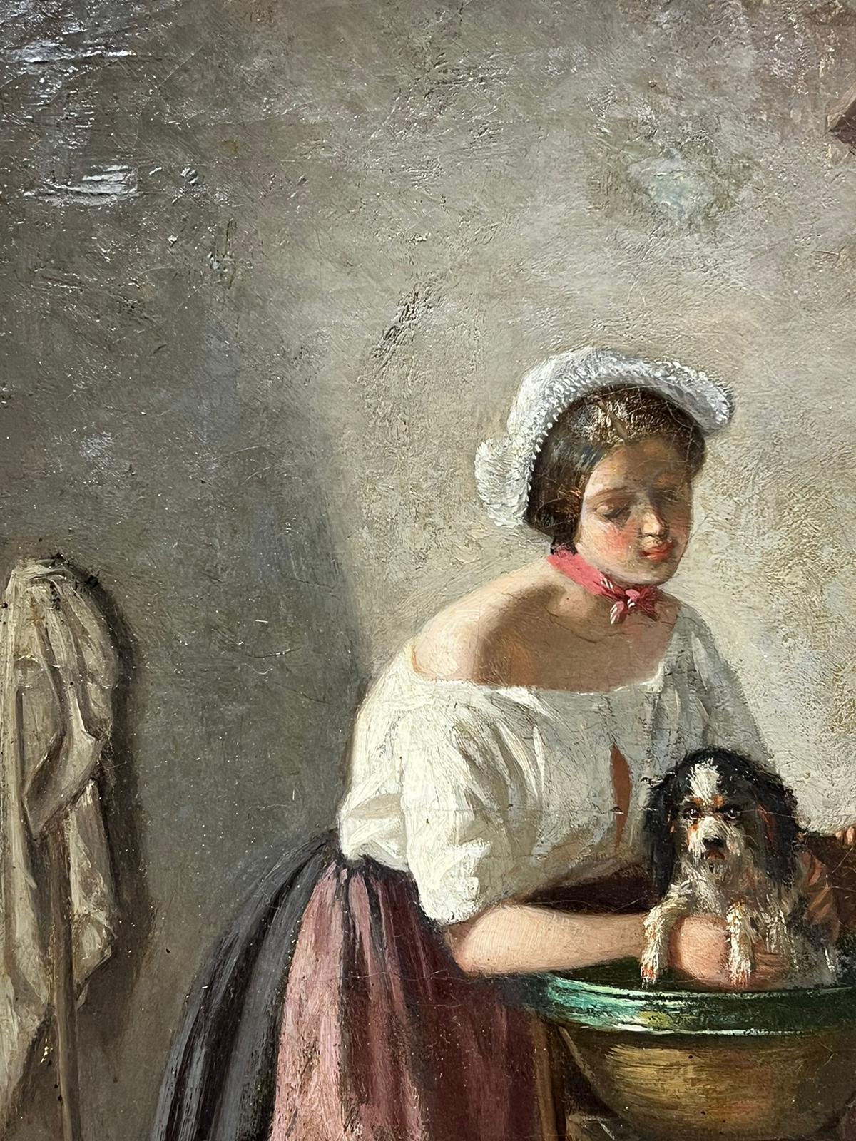 Madre e Hijo Lavando al Perro en el Cuenco de la Cocina, Pintura al Óleo Antique French sobre Lienzo 2