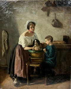Mère et fils laissant un chien dans un bol de cuisine, peinture à l'huile française ancienne sur toile