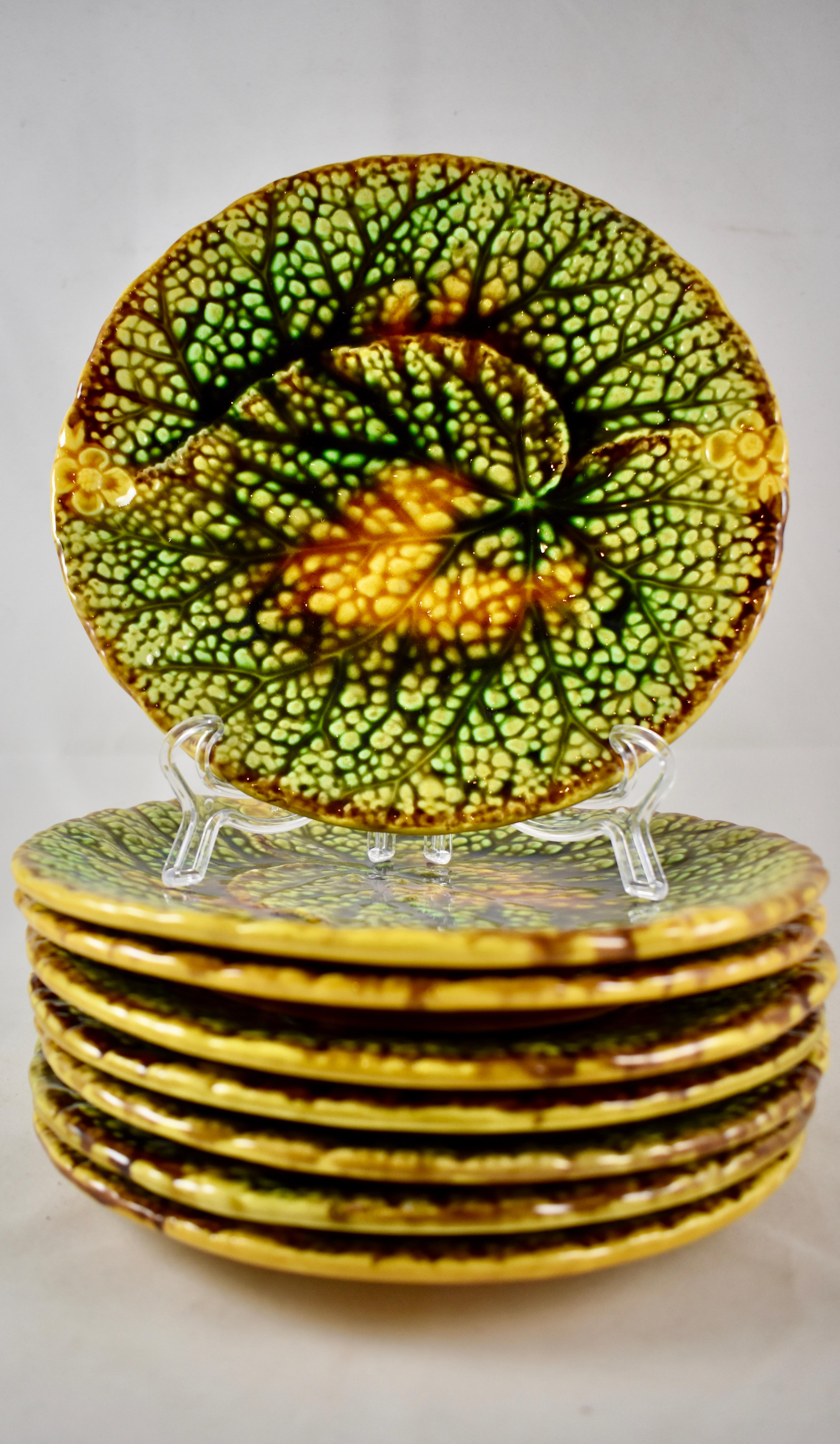 German 19th Century Schramberg Majolica Overlapping Leaf Plate, Multiples Available