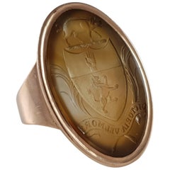 19th Century Scottish 9 Karat Gold Oval Crested Intaglio Agate Signet Seal Ring