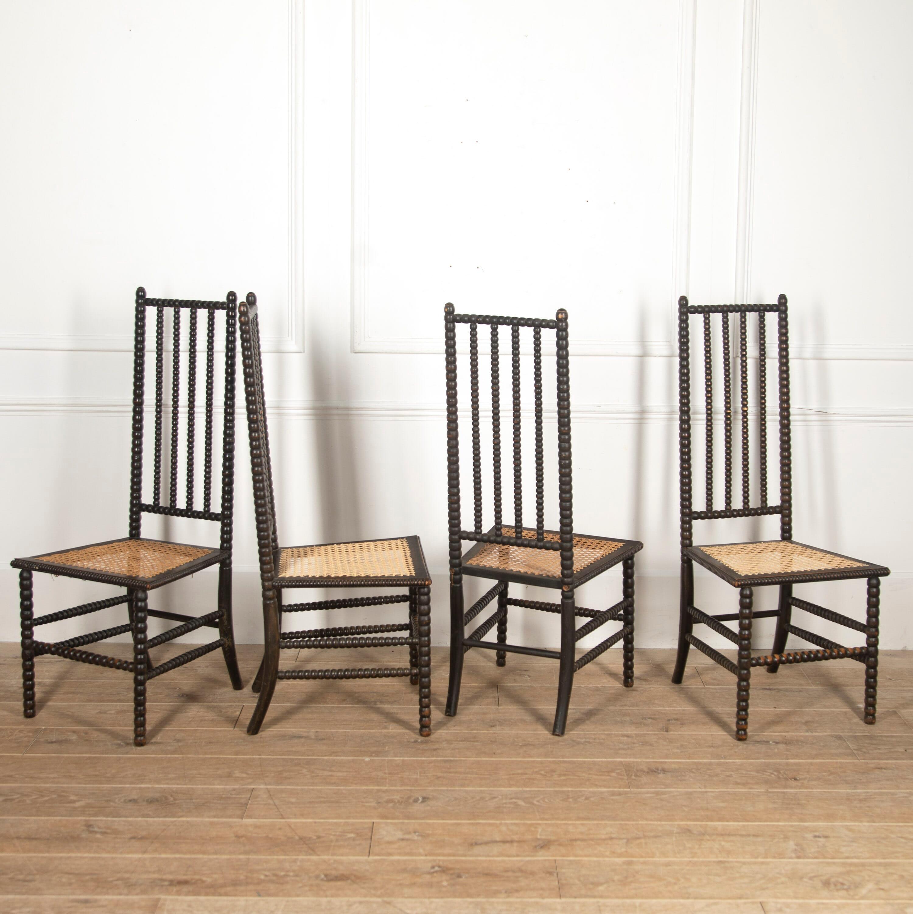 Lovely set of four 19th Century bobbin chairs. 

Originally from Scotland, these chairs are typical of the bobbin style.

These wonderful chairs are well-proportioned and have beautifully turned, spool style frames. 

They have a beautiful