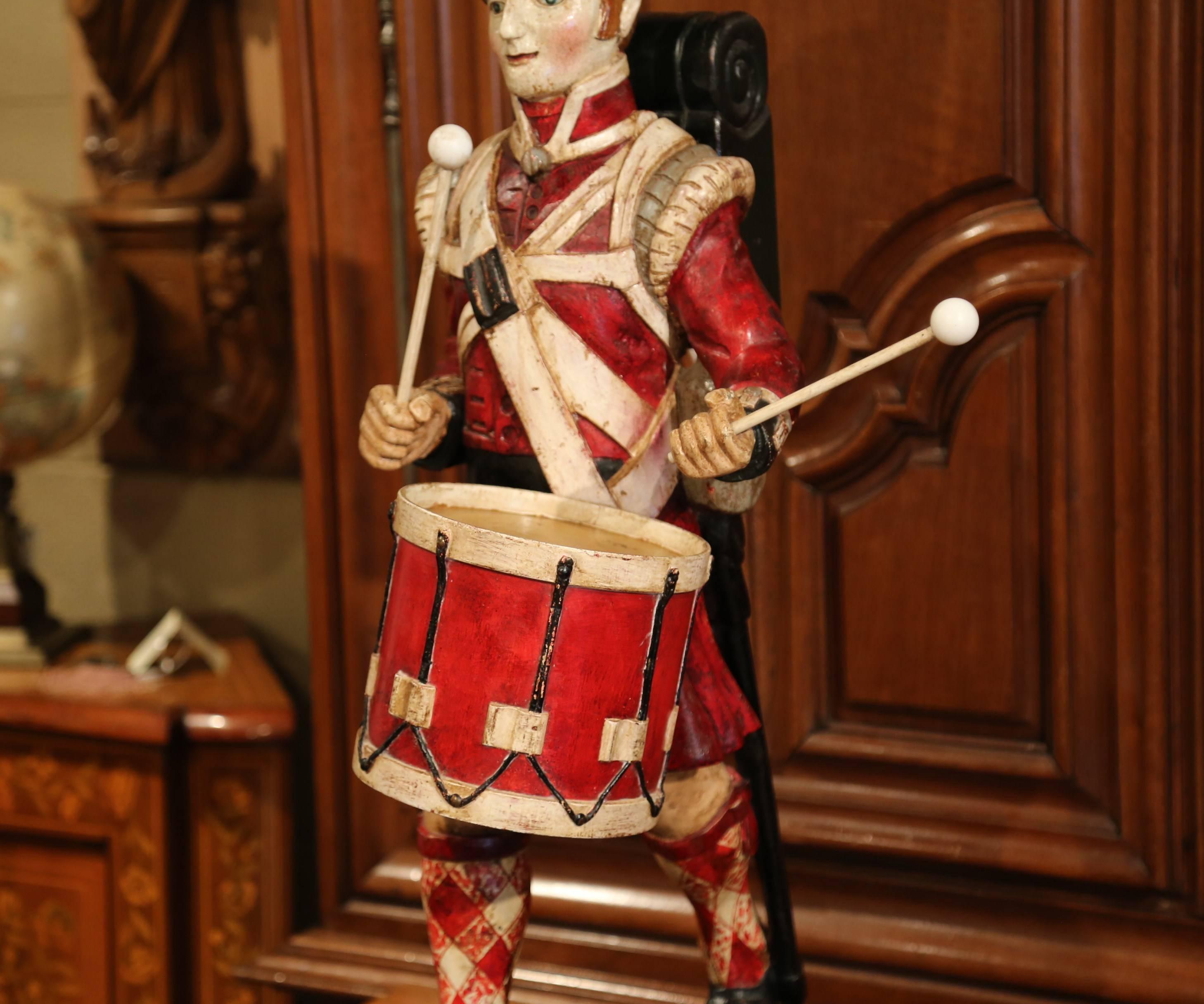 Hand-Painted 19th Century Scottish Carved Polychrome Wood Figure of Military Drummer