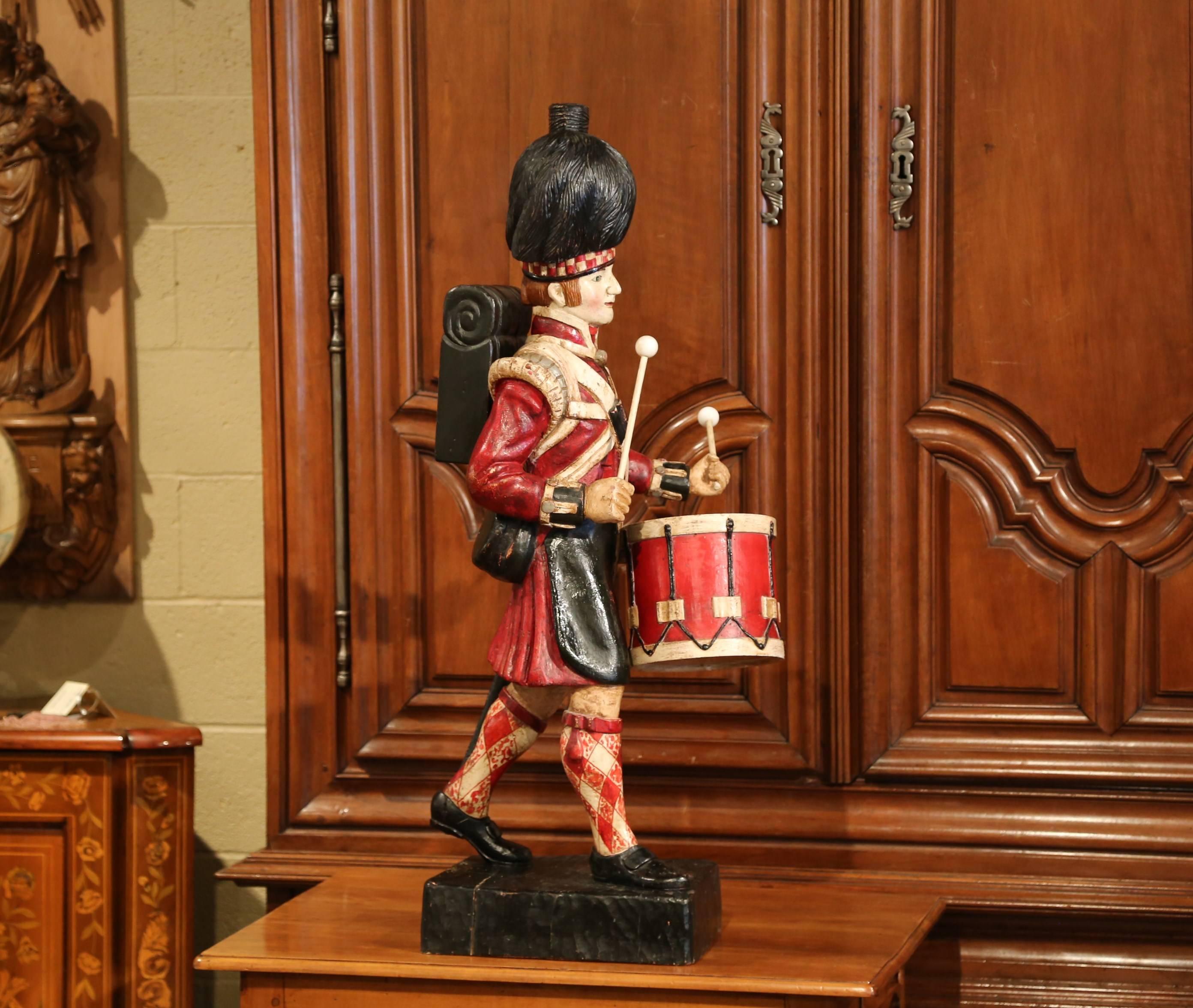 19th Century Scottish Carved Polychrome Wood Figure of Military Drummer In Excellent Condition In Dallas, TX
