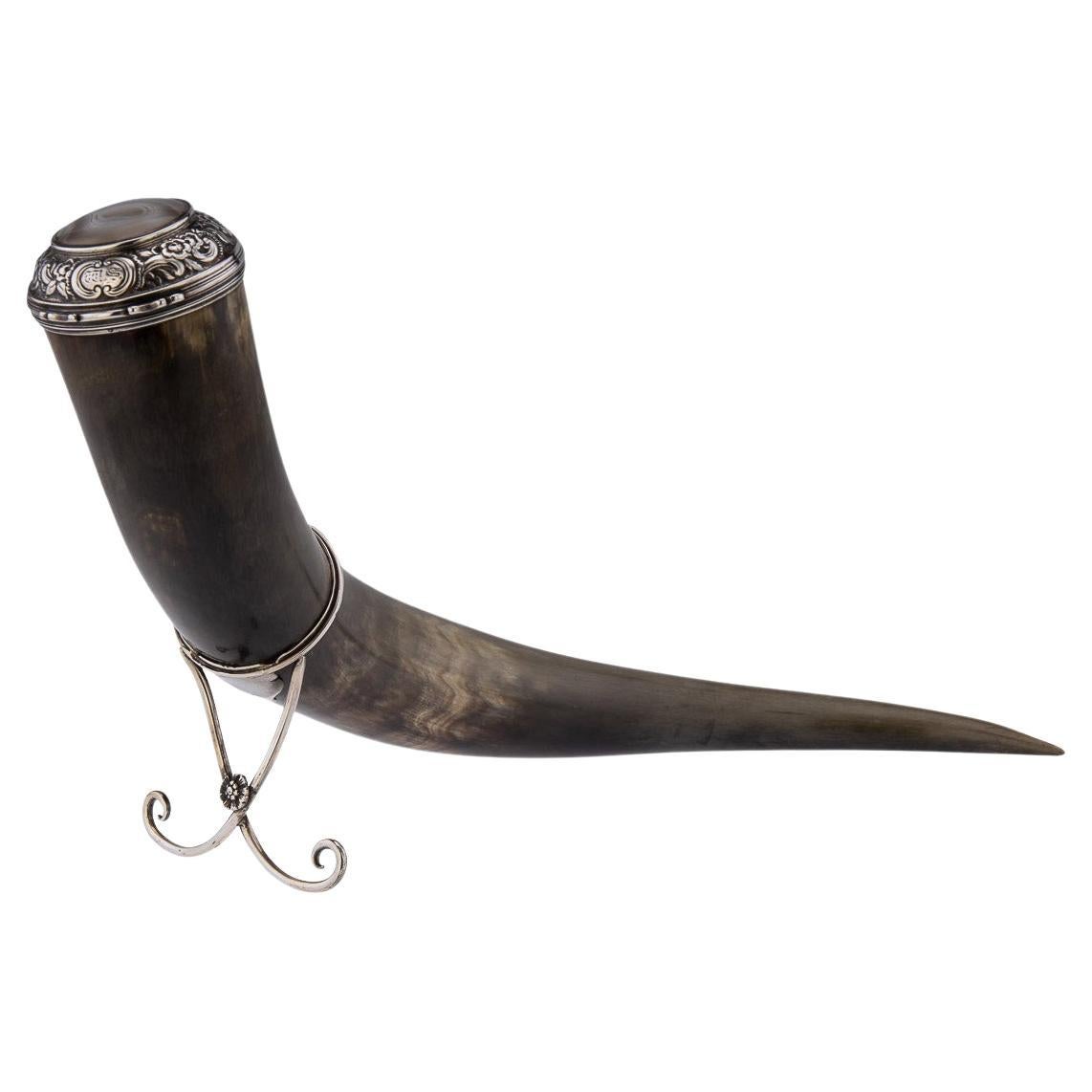 19th Century Scottish Horn, Banded Agate & Solid Silver Table Snuff Mull, c.1870 For Sale