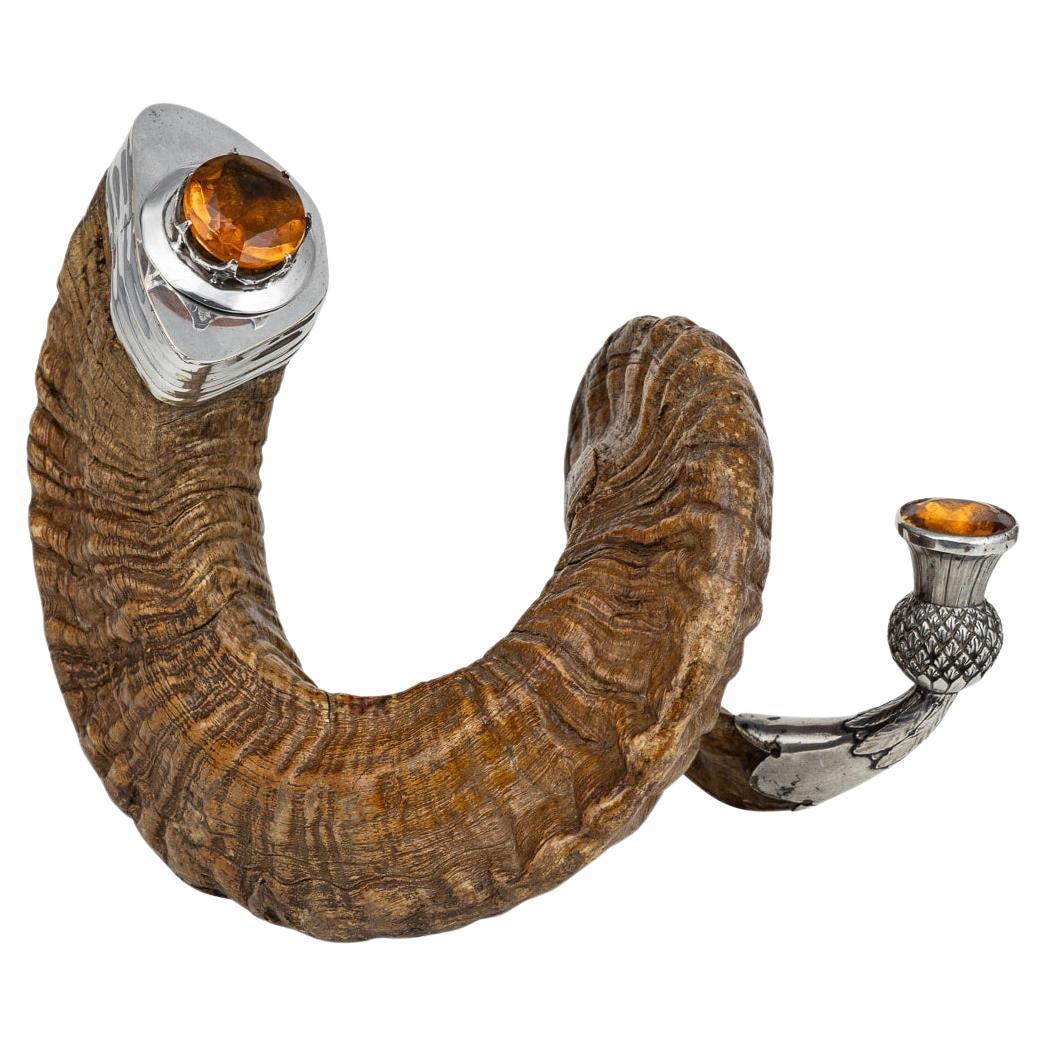 19th Century Scottish Horn, Citrine & Solid Silver Table Snuff Mull c.1880 For Sale