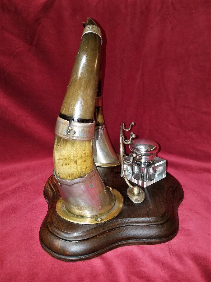 19th Century Scottish Horn Ink Standish with Solid Silver Inkwell In Good Condition In Dallas, TX