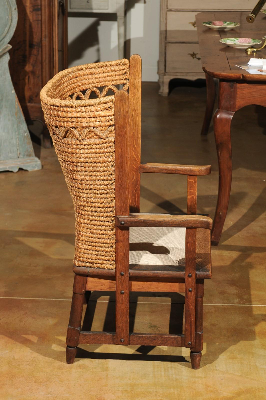 Rustic 19th Century Scottish Orkney Chair with Handwoven Straw Back and Zigzag Patterns