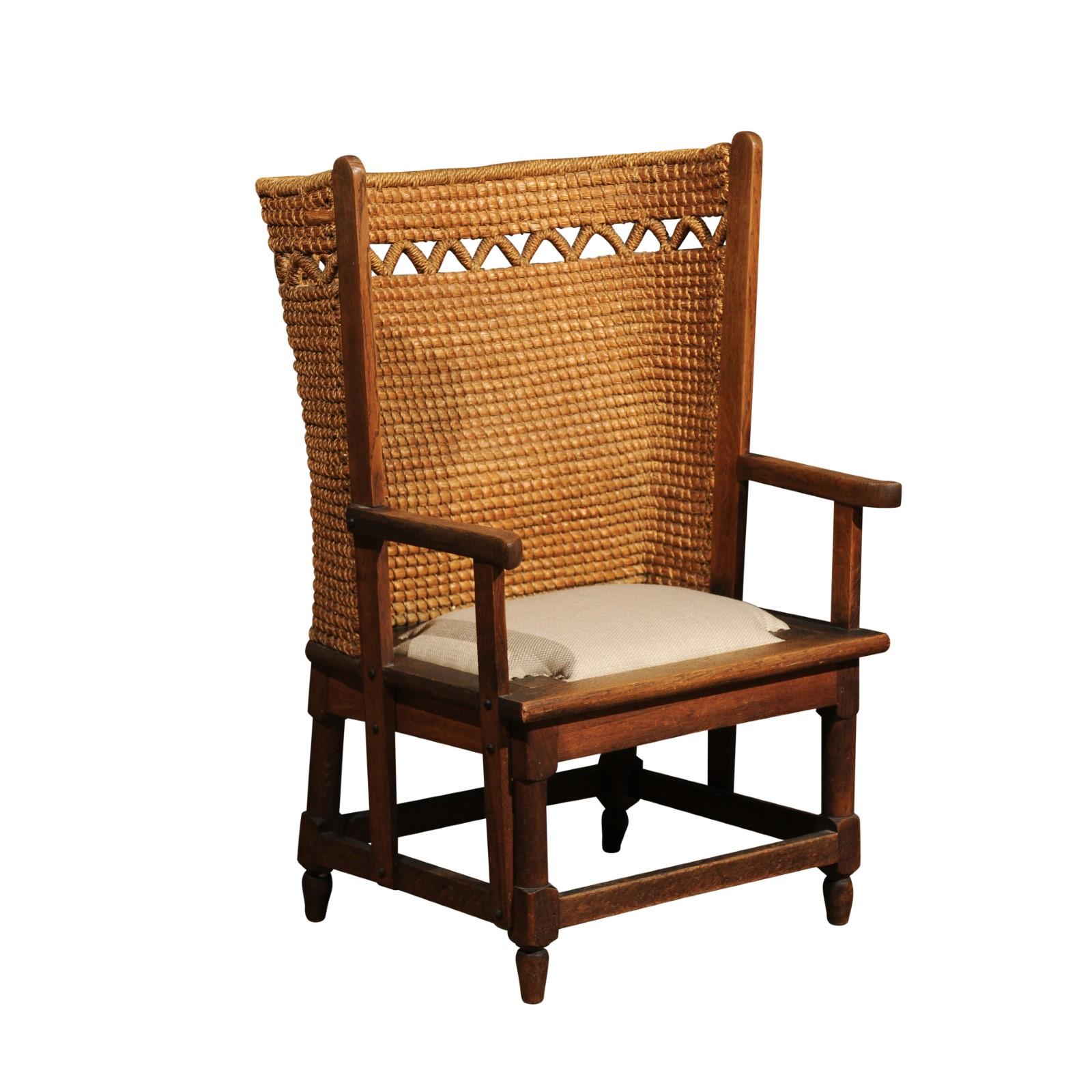 19th Century Scottish Orkney Chair with Handwoven Straw Back and Zigzag Patterns