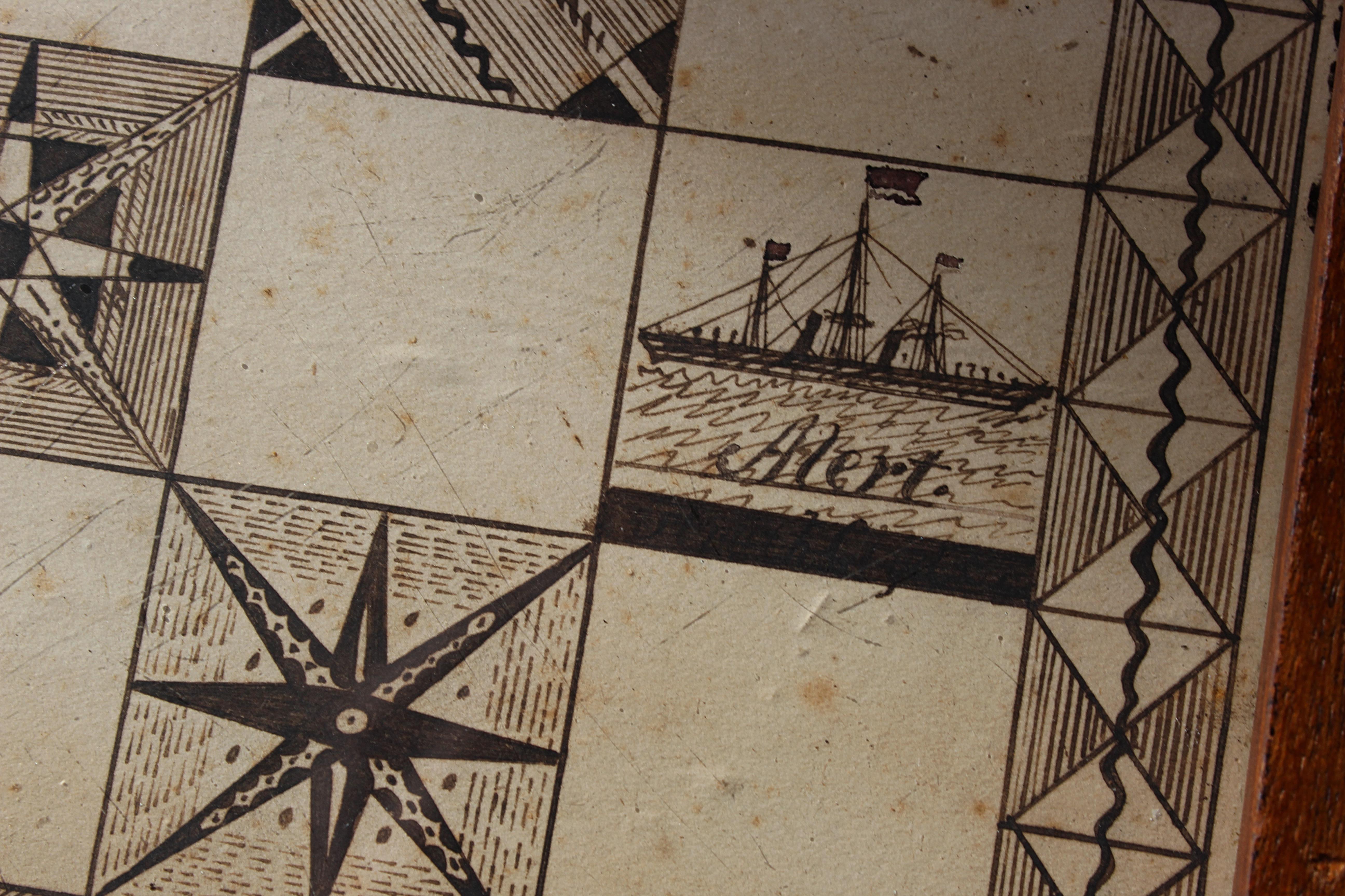Scottish Sailors Folk Art Naval Maritime Stift- und Tinte-Schachbrett aus dem 19. Jahrhundert  im Zustand „Gut“ im Angebot in Lowestoft, GB