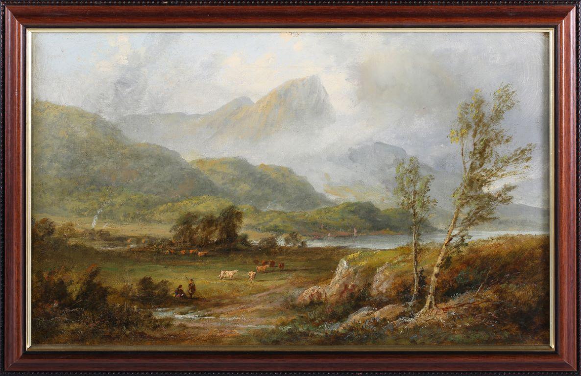 Shepherds & Animals Scottish Highland Misty Landscape Loch Tay Perthshire - Painting by 19th Century Scottish School