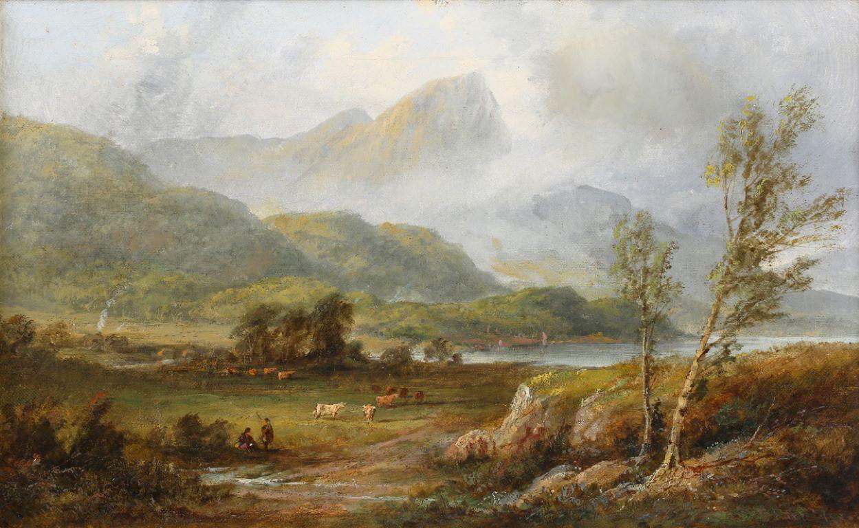 19th Century Scottish School Landscape Painting - Shepherds & Animals Scottish Highland Misty Landscape Loch Tay Perthshire