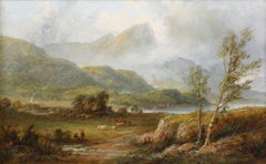 Antique Shepherds & Animals Scottish Highland Misty Landscape Loch Tay Perthshire