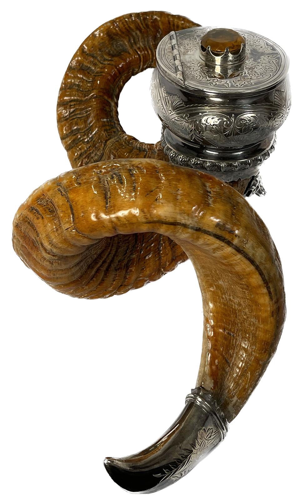 19th Century Scottish Silver-plate Ram Horn Snuff Mull 1