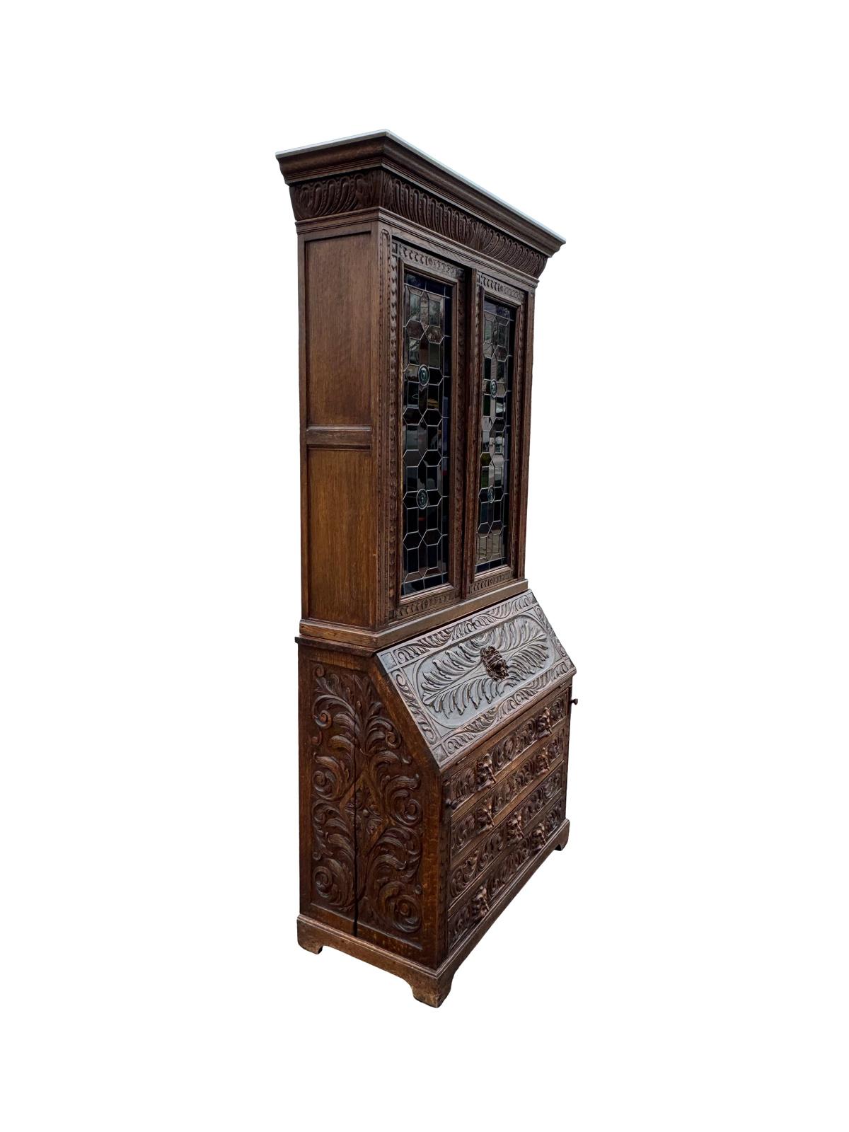19th Century Scottish Stained Glass Carved Secretary Desk Cabinet 5