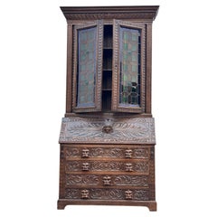 19th Century Scottish Stained Glass Carved Secretary Desk Cabinet
