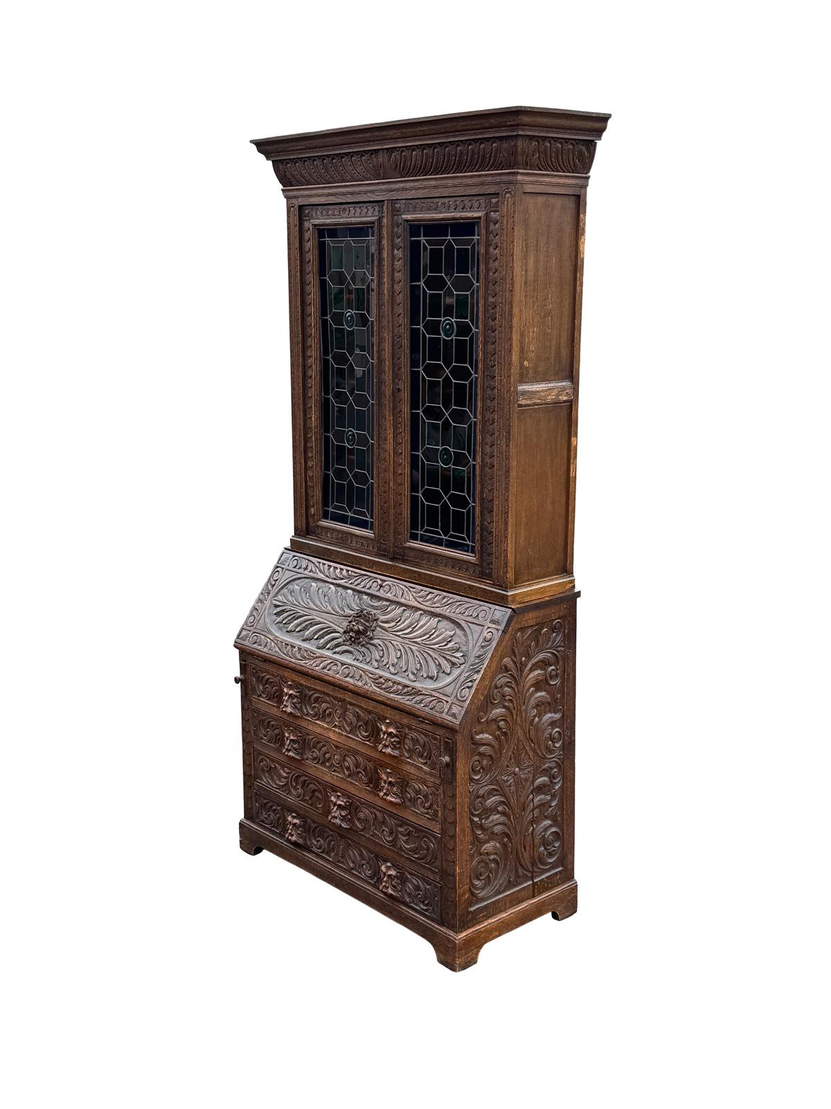 19th Century Scottish Stained Glass Carved Secretary Desk Cabinet In Good Condition In Bensalem, PA