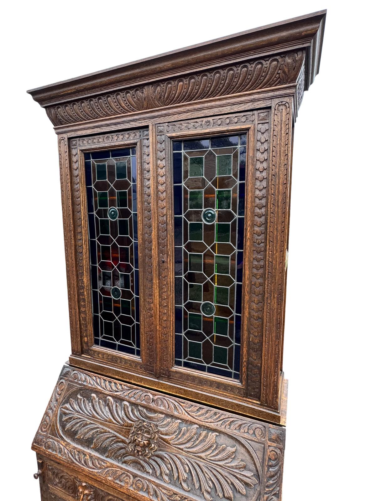 Oak 19th Century Scottish Stained Glass Carved Secretary Desk Cabinet