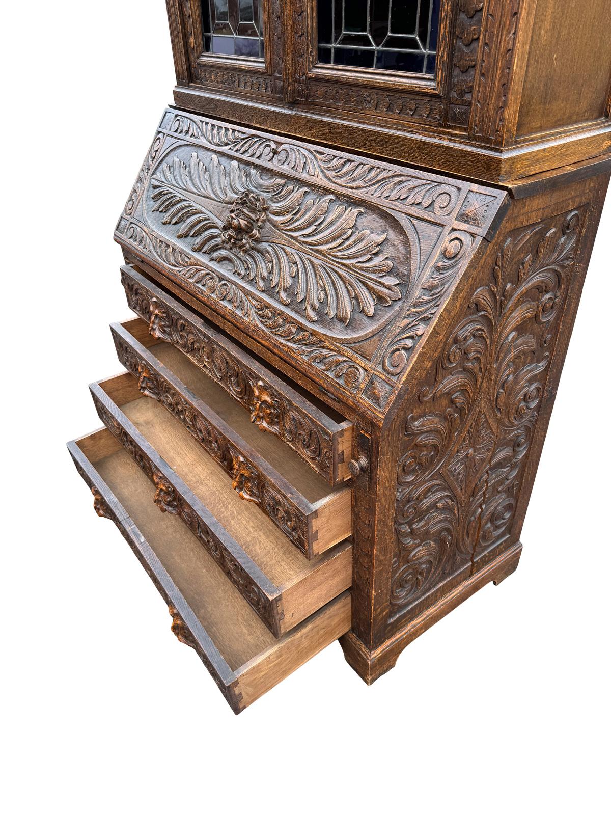 19th Century Scottish Stained Glass Carved Secretary Desk Cabinet 4