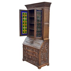 19th Century Scottish Stained Glass Carved Secretary Desk Cabinet