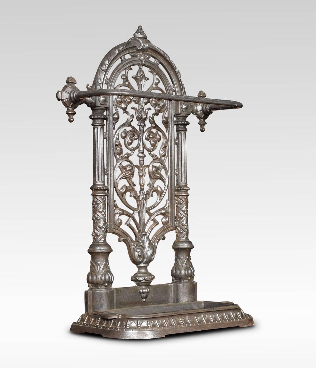 A 19th century Scottish Victorian cast iron stick / umbrella stand, from the Carron Iron Works, Falkirk. The stand No 13 design with shaped top above architectural pierced back, raised upon shaped base, with original drip tray.
Dimensions:
Height