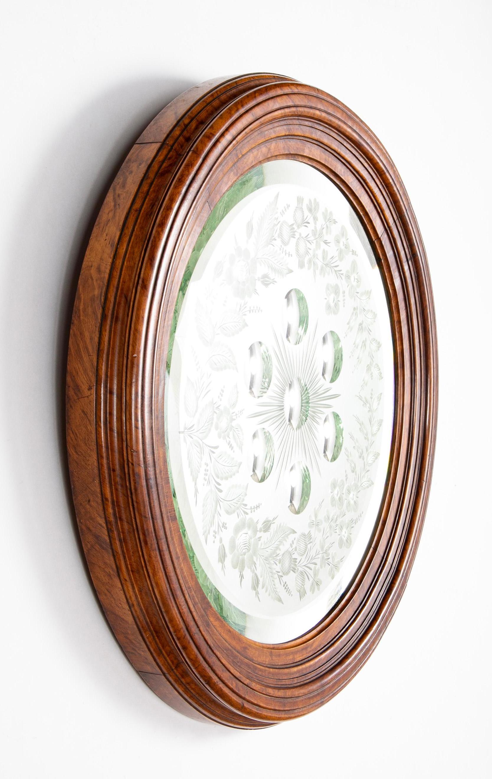 Glass 19th Century Scottish Witches Mirror With Etched Thistles And Elm Wood Frame For Sale
