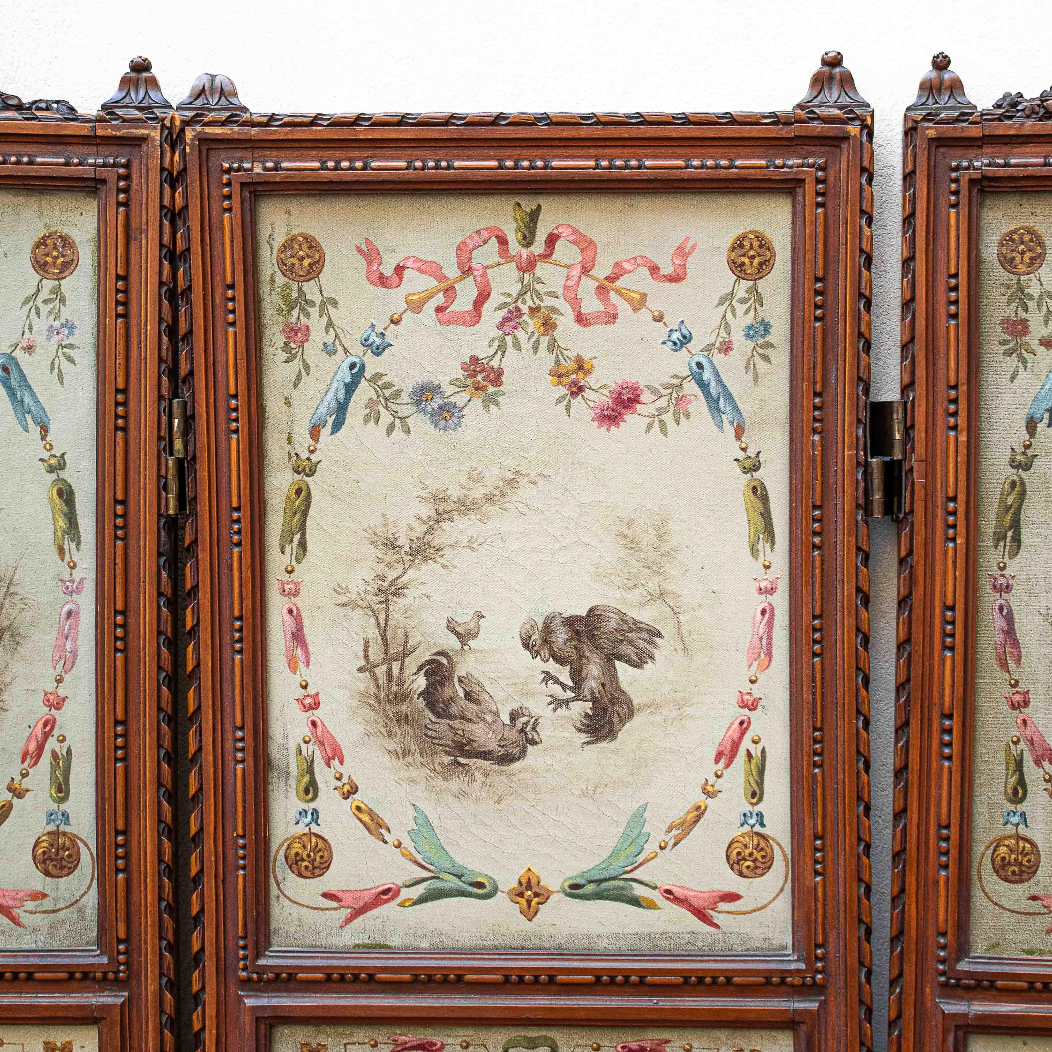 Oiled 19th Century Screen with Grotesques Painting Oil on Canvas For Sale