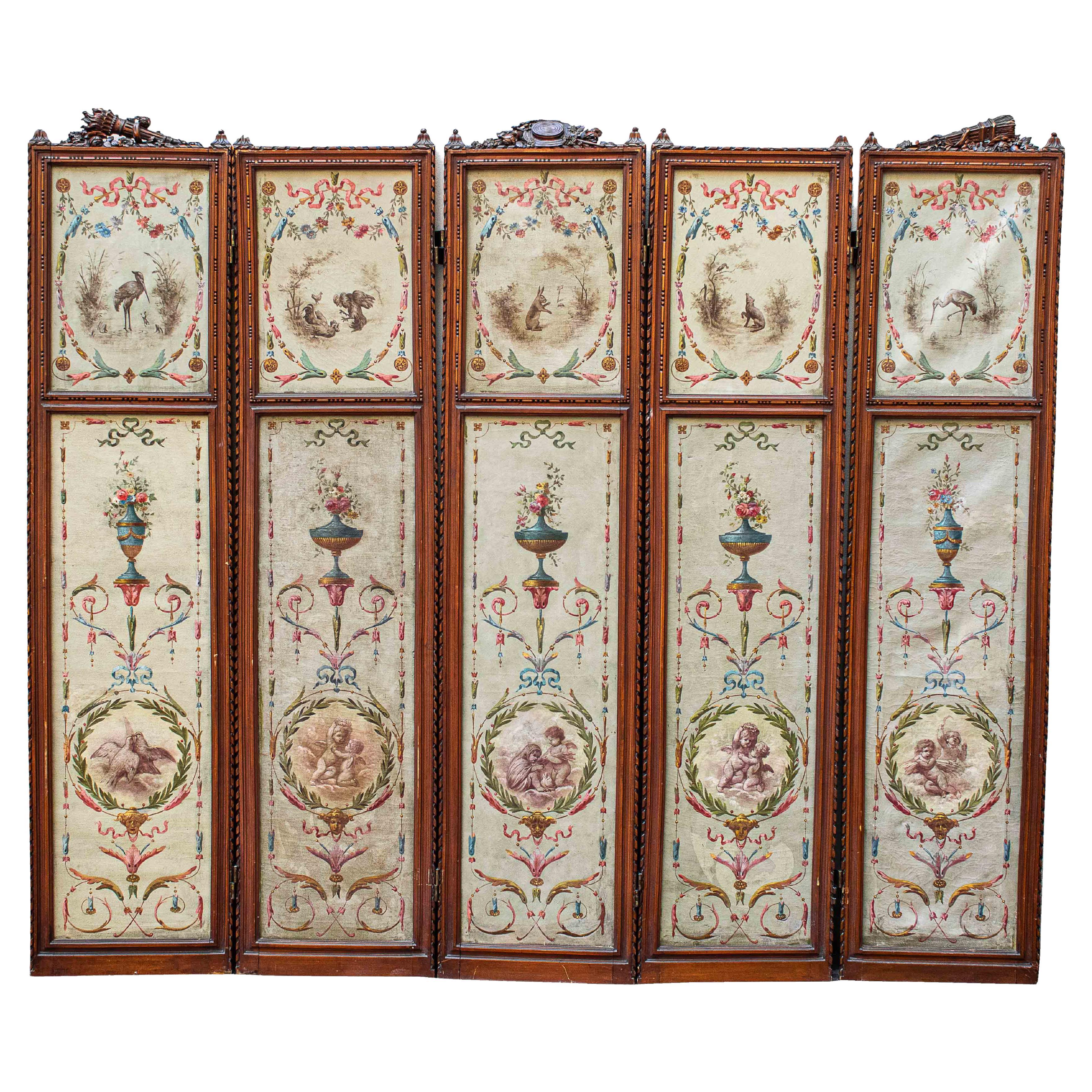 19th Century Screen with Grotesques Painting Oil on Canvas