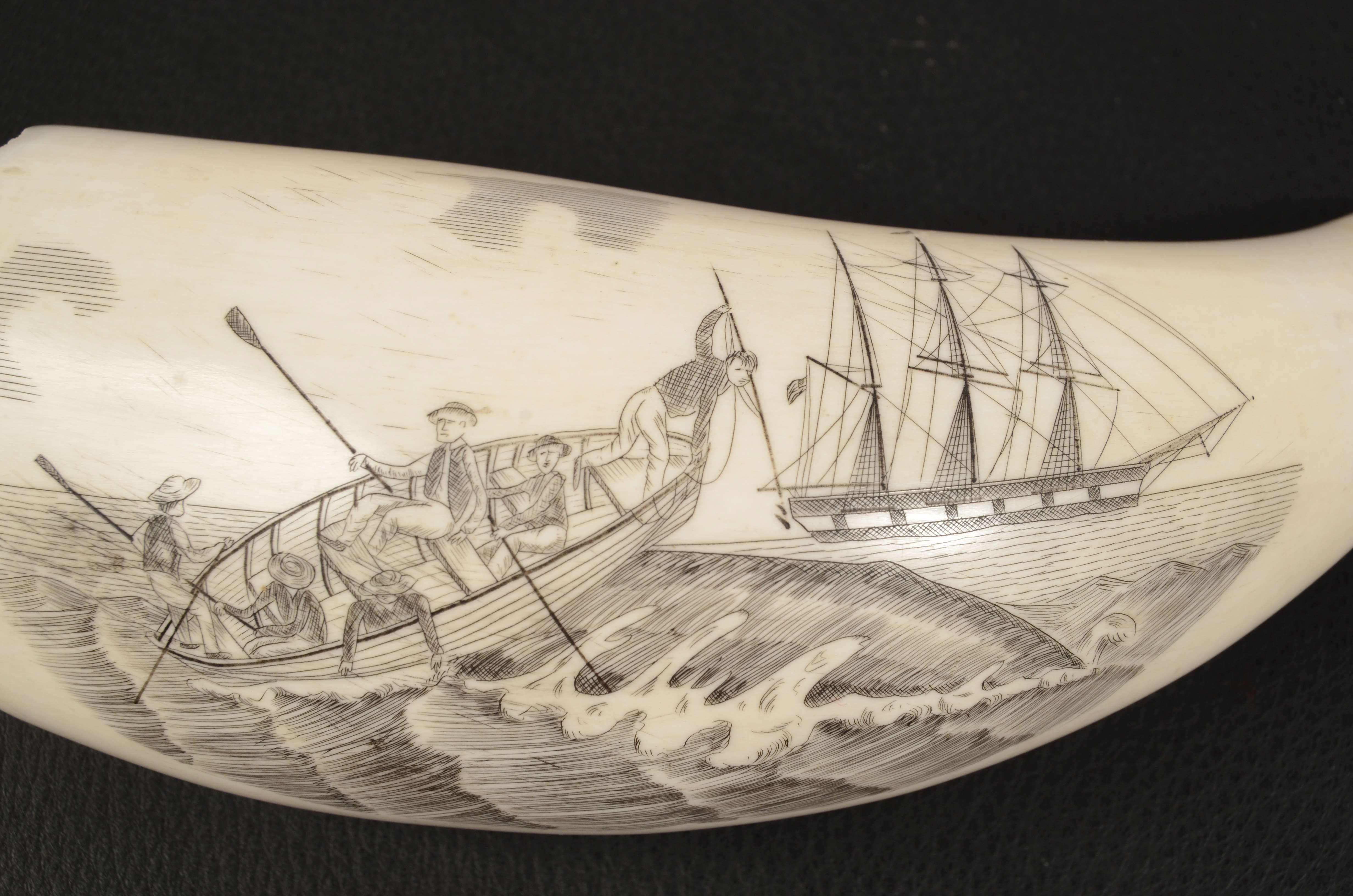 19th Century Scrimshaw of an Engraved Whale Tooth Antique Nautical Workmanship In Good Condition In Milan, IT