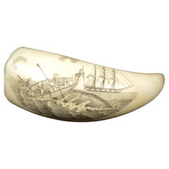 Scrimshaw eines gravierten Walzahns aus dem 19. Jahrhundert, antike nautische Verarbeitung