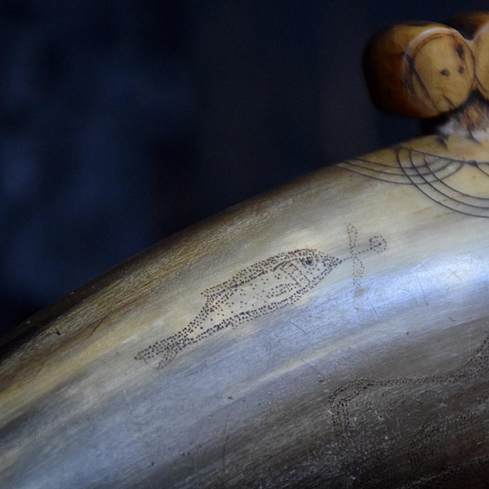 Folk Art 19th Century Scrimshaw Powder Horn