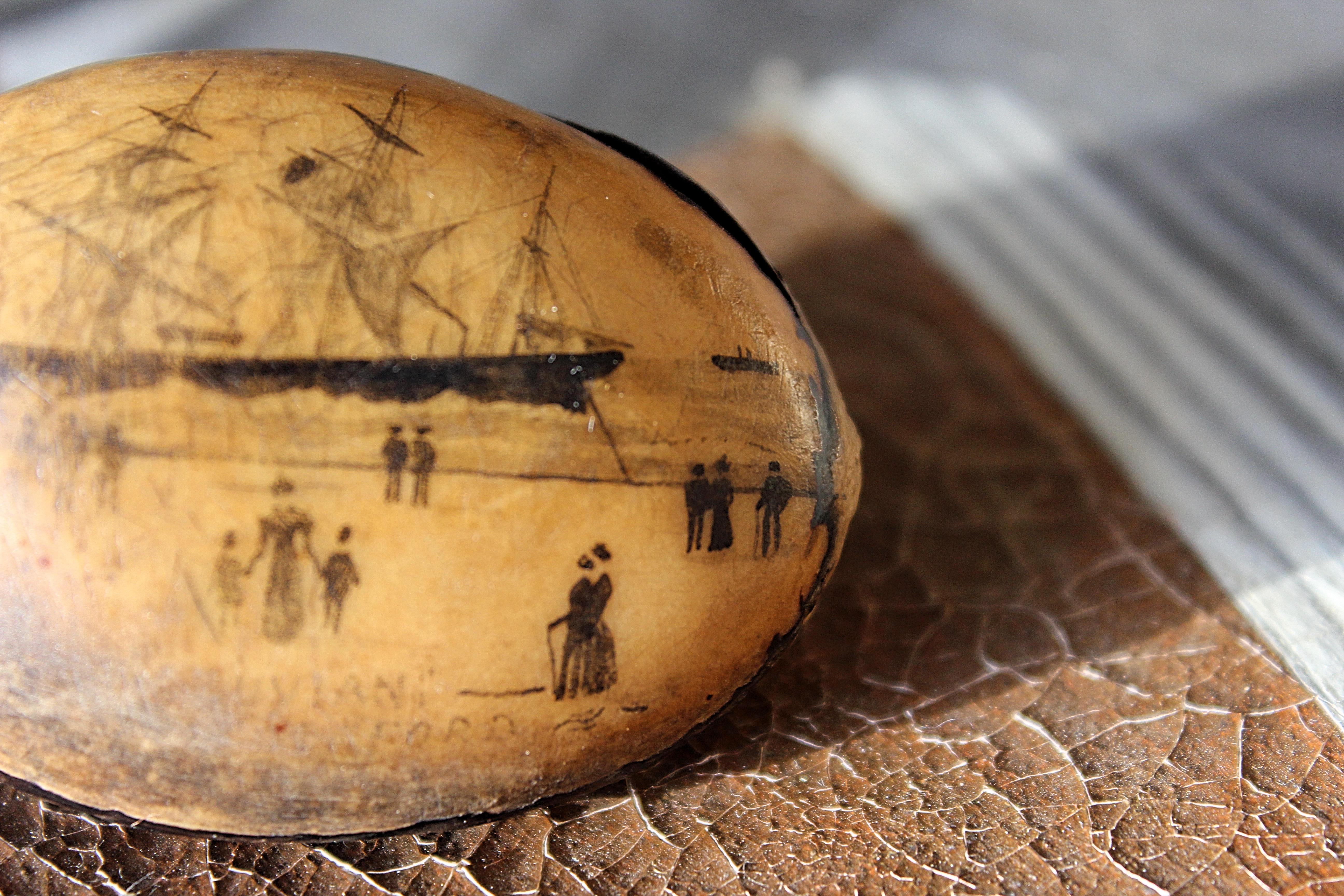 English 19th Century Scrimshaw Sailors Nut Ship Run Aground Dylan Ford Maritime Naval 