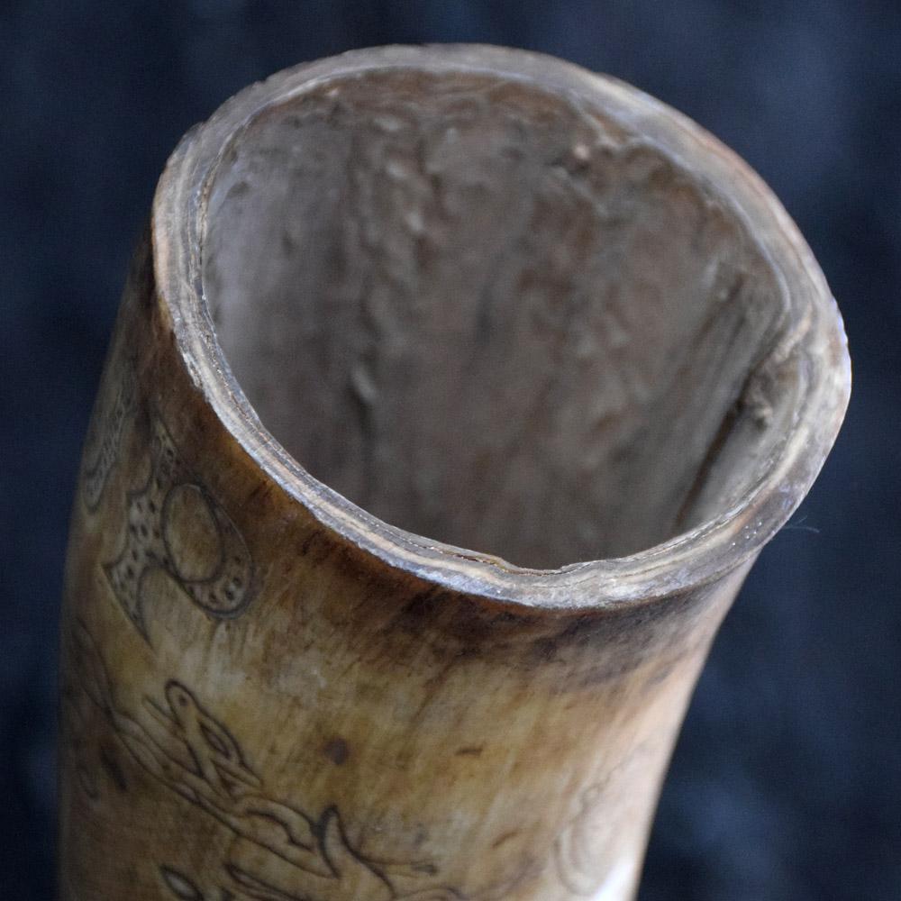 Hand-Carved 19th Century Scrimshaw Spanish Powder Horn