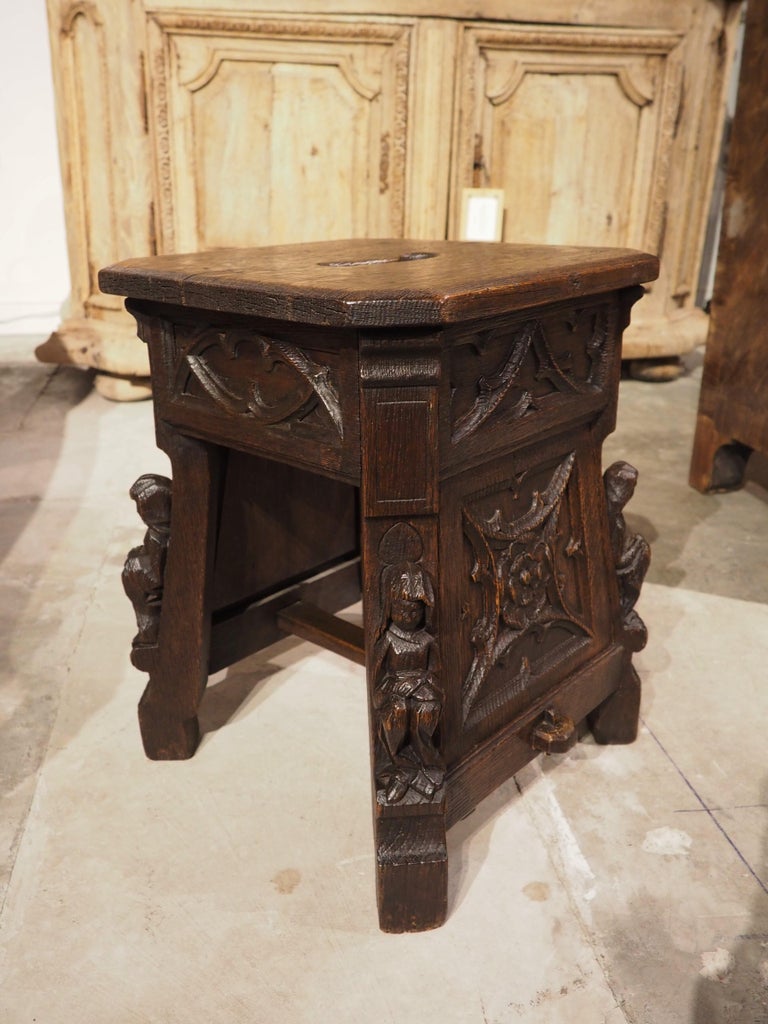 19th Century Sculpted French Oak Tabouret Stool in the Gothic Style For  Sale at 1stDibs