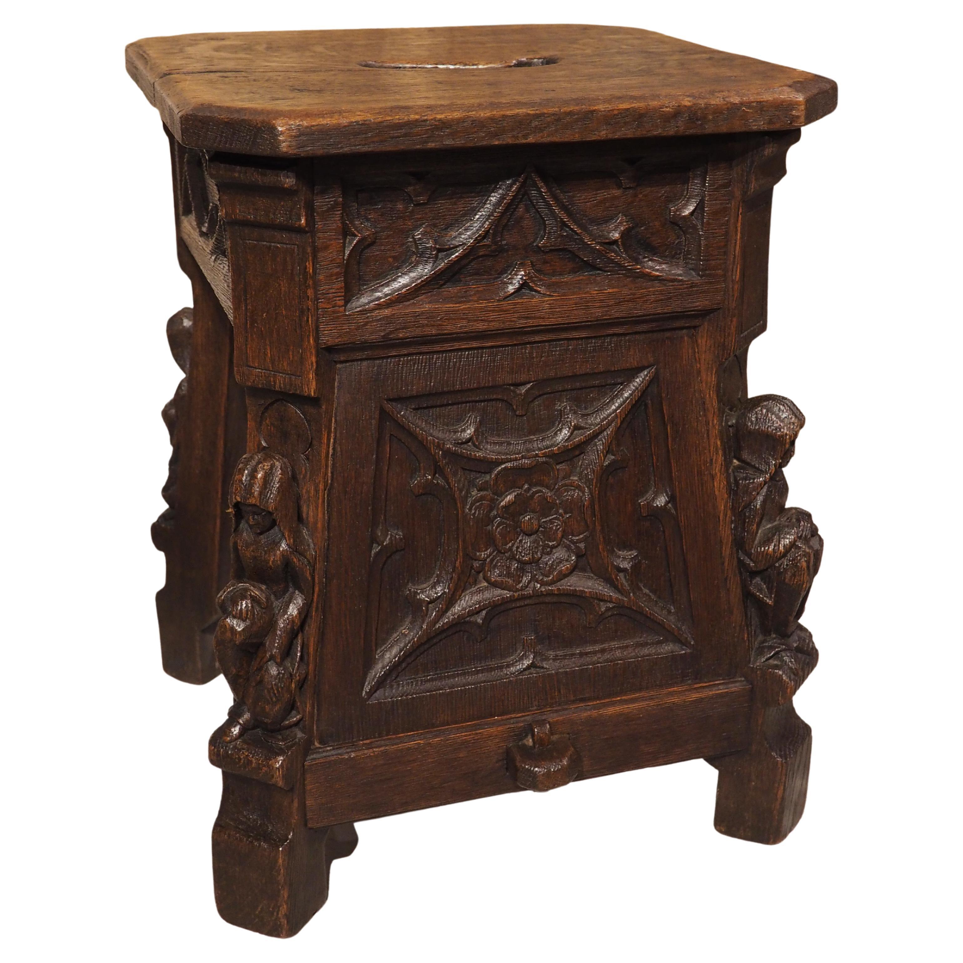 19th Century Sculpted French Oak Tabouret Stool in the Gothic Style