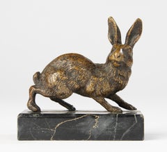 Scultura del XIX secolo - Bronzo - Lepre in corsa su base di marmo