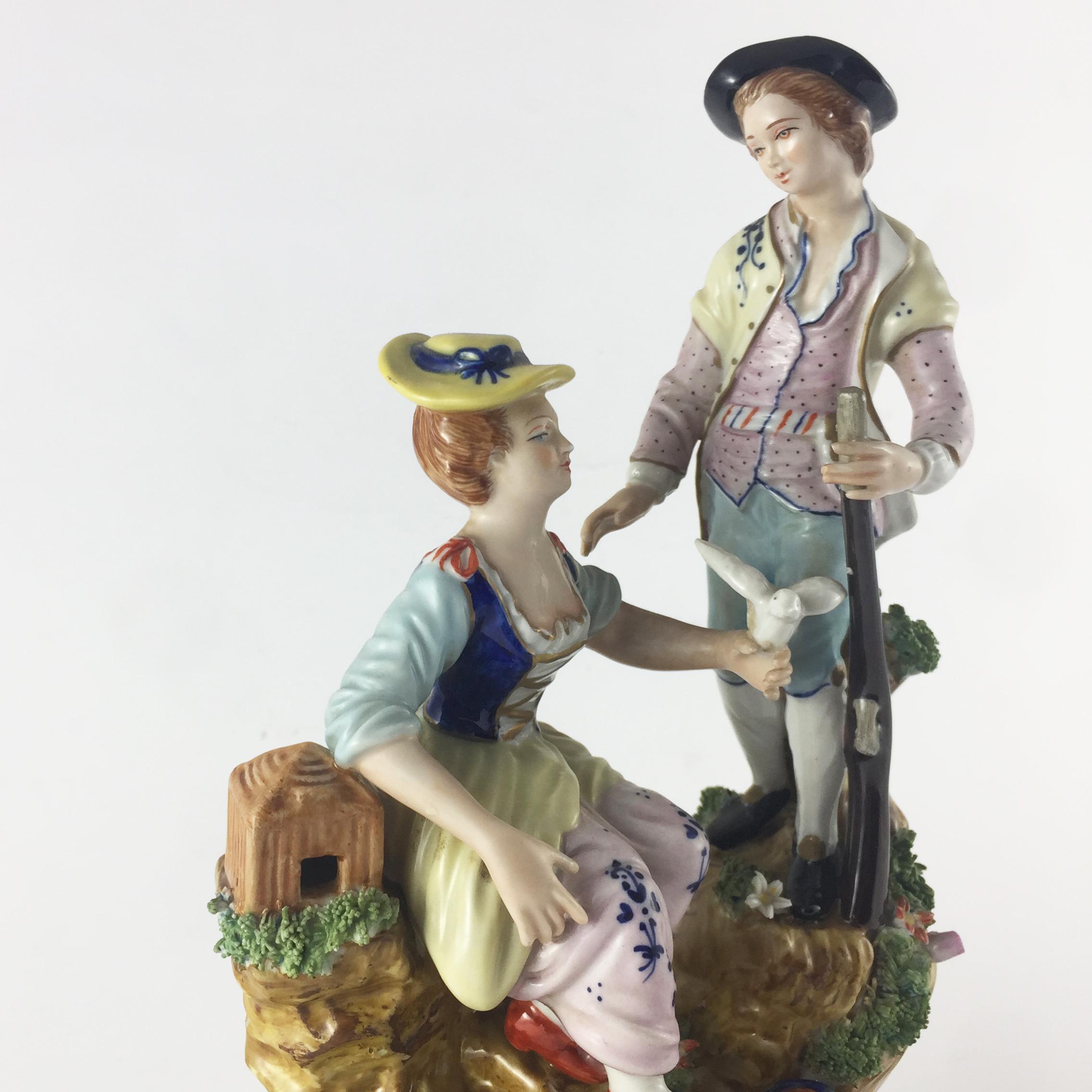Stunning porcelain sculpture represents a romantic scene of a hunter and a courtesan.
It's a sculpture very refined, it has light colors and a harmonious composition. On the bottom the mark is original Sevres manufacture, 19th century.

      