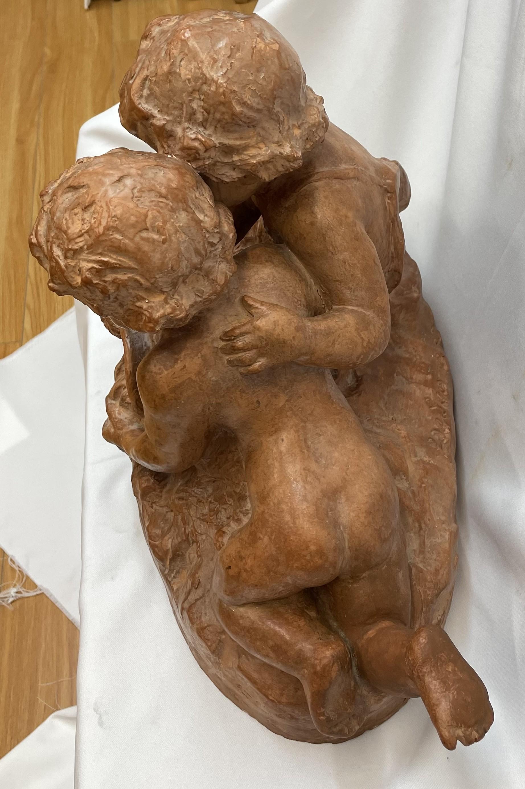 19th century sculpture of young children pouring water signed  In Excellent Condition For Sale In San Francisco, CA