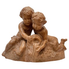 Antique 19th century sculpture of young children pouring water signed 